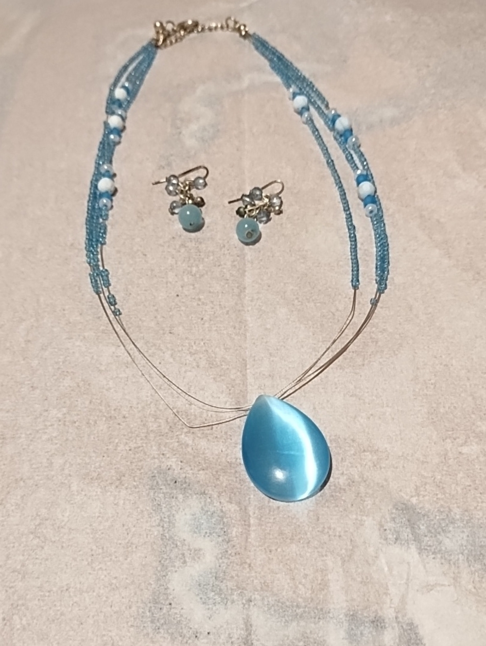 Blue Teardrop Pendant Multi-Strand Necklace with Matching Earrings VGC.